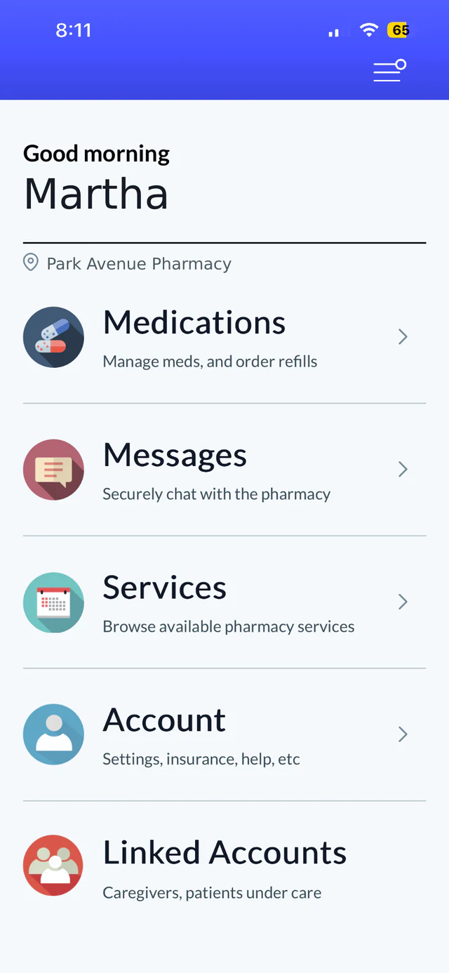Park Avenue Pharmacy patient portal home screen with medications, messages, services, account, and linked accounts