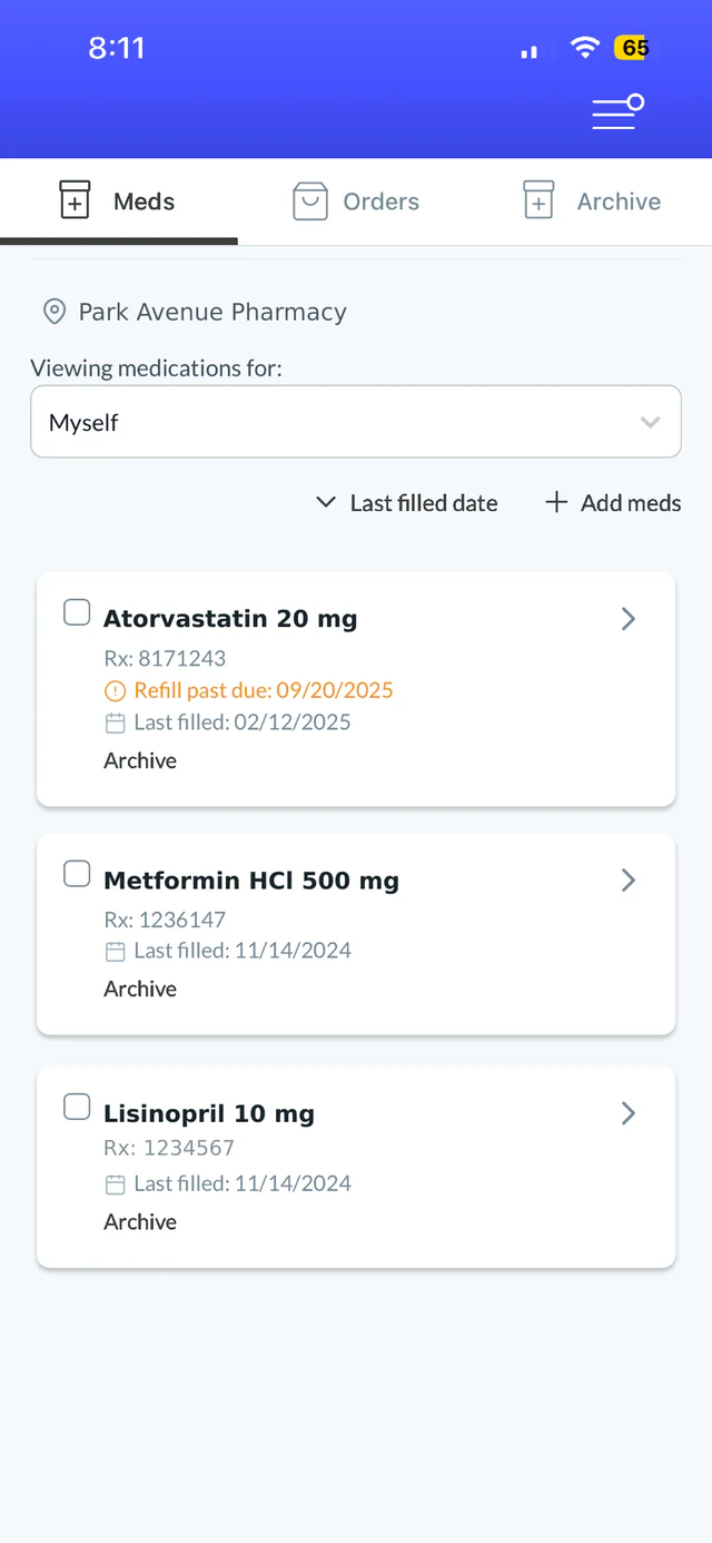 Park Avenue Pharmacy patient portal refills screen with Atorvastatin, Metformin, and Lisinopril